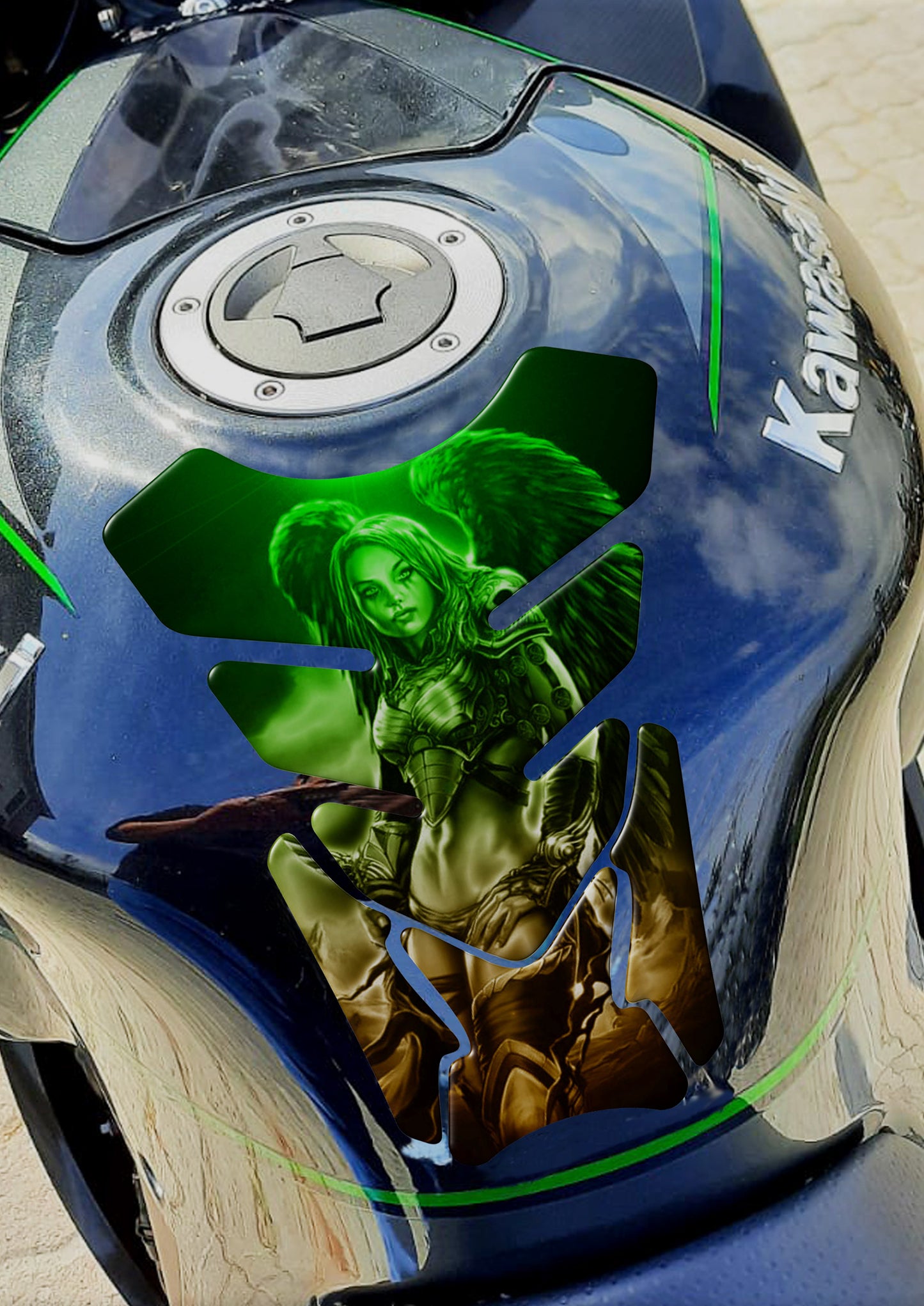 Motor Bike Tank Pad. Green and Black Universal Fit Amazon Warrior with Angelic Wings.