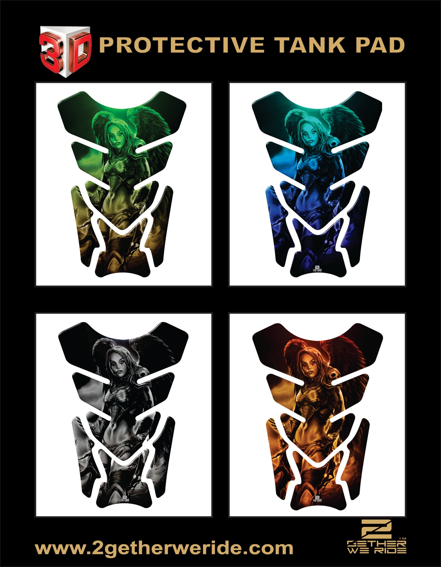 Motor Bike Tank Pad. Green and Black Universal Fit Amazon Warrior with Angelic Wings.