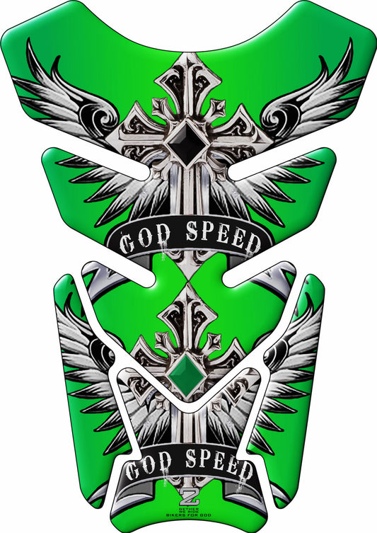 Motor Bike Tank Pad. Religious Range. God Speed Green. Universal Fit. Christian Motor Bike Tank Pad.