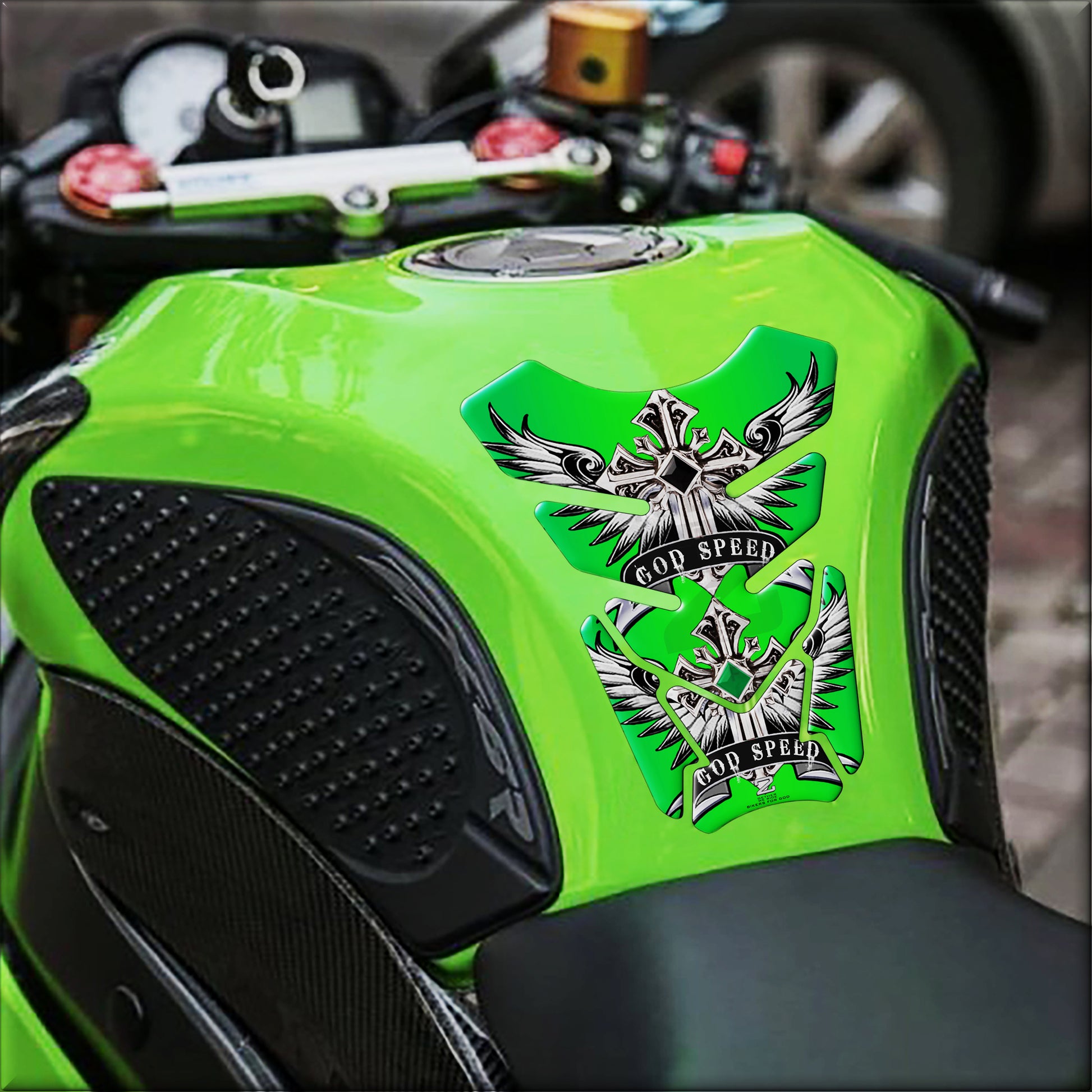 Motor Bike Tank Pad. Religious Range. God Speed Green. Universal Fit. Christian Motor Bike Tank Pad.