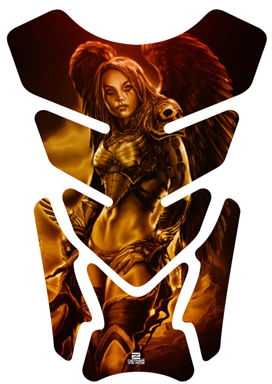 Motor Bike Tank Pad .Yellow, Orange and Black Amazon Warrior with Angelic Wings.