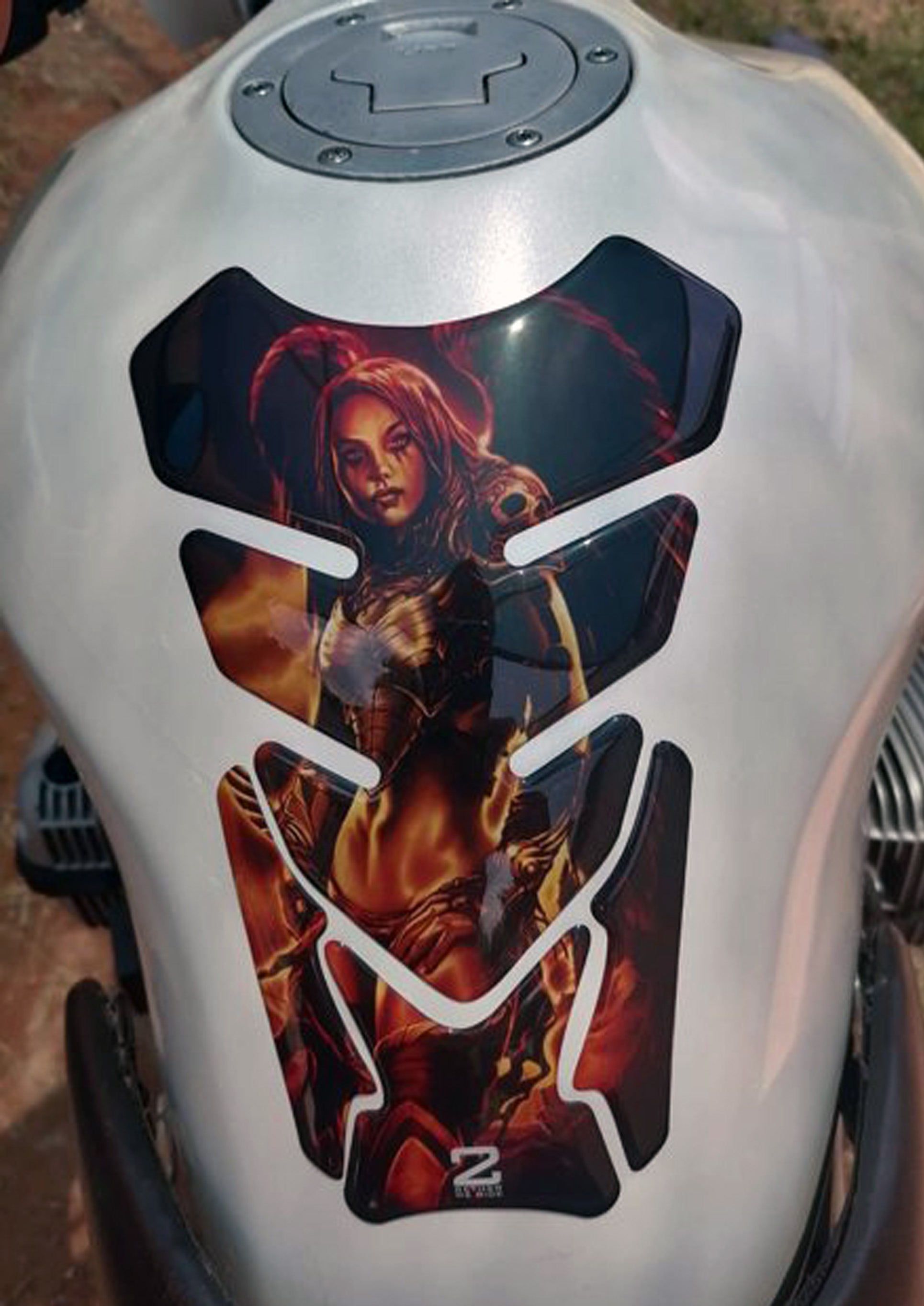 Motor Bike Tank Pad .Yellow, Orange and Black Amazon Warrior with Angelic Wings.
