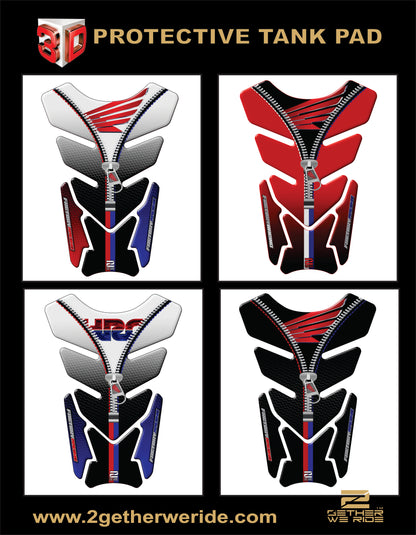 Motorcycle Tank Pad Protector. Honda Red, Blue and White with Black Carbon Fibre and Chrome.Universal Tank Protector