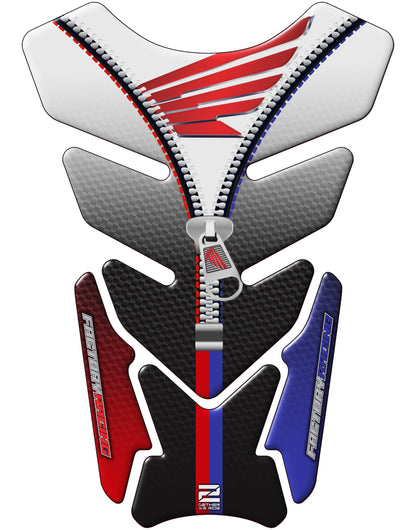 Motorcycle Tank Pad Protector. Honda Red, Blue and White with Black Carbon Fibre and Chrome.Universal Tank Protector