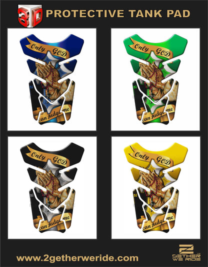 Motor Bike Tank Pad. Religious Range.Only God can Judge - Blue Universal Fit. Christian tank pad.