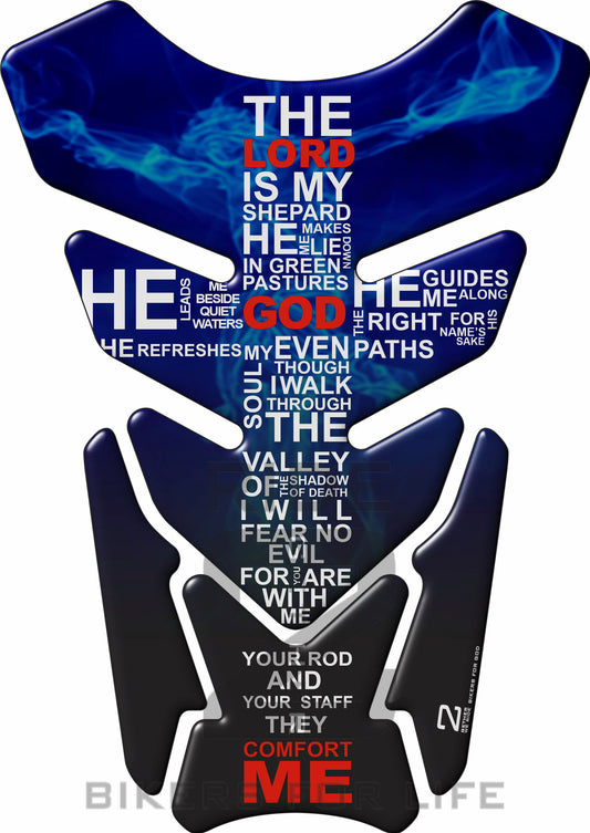 Motor Bike Tank Pad. Religious Range. Jesus Psalm 23 Blue. Universal Fit. Christian tank pad.