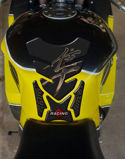 Suzuki Hayabusa Black, Carbon Fibre  and Gold Motor Bike Tank Pad Protector. 1999 - 2021. A universal fit Hayabusa tank pad. Example