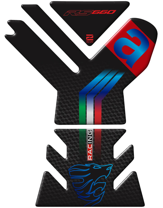 Aprilia  RS 660 Motor Bike Tank Pad . Blue and Black Carbon Fibre Universal Fit  Bike Tank Pad / Protector 2023 -2025