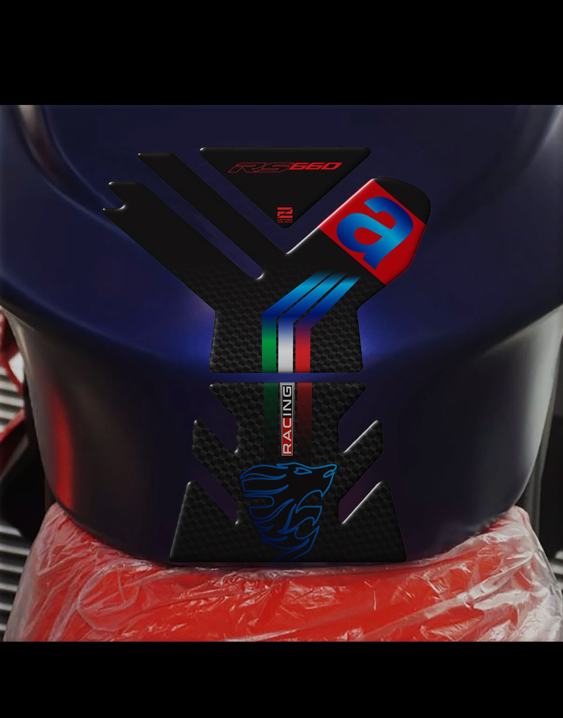 Aprilia  RS 660 Motor Bike Tank Pad . Blue and Black Carbon Fibre Universal Fit  Bike Tank Pad / Protector 2023 -2025