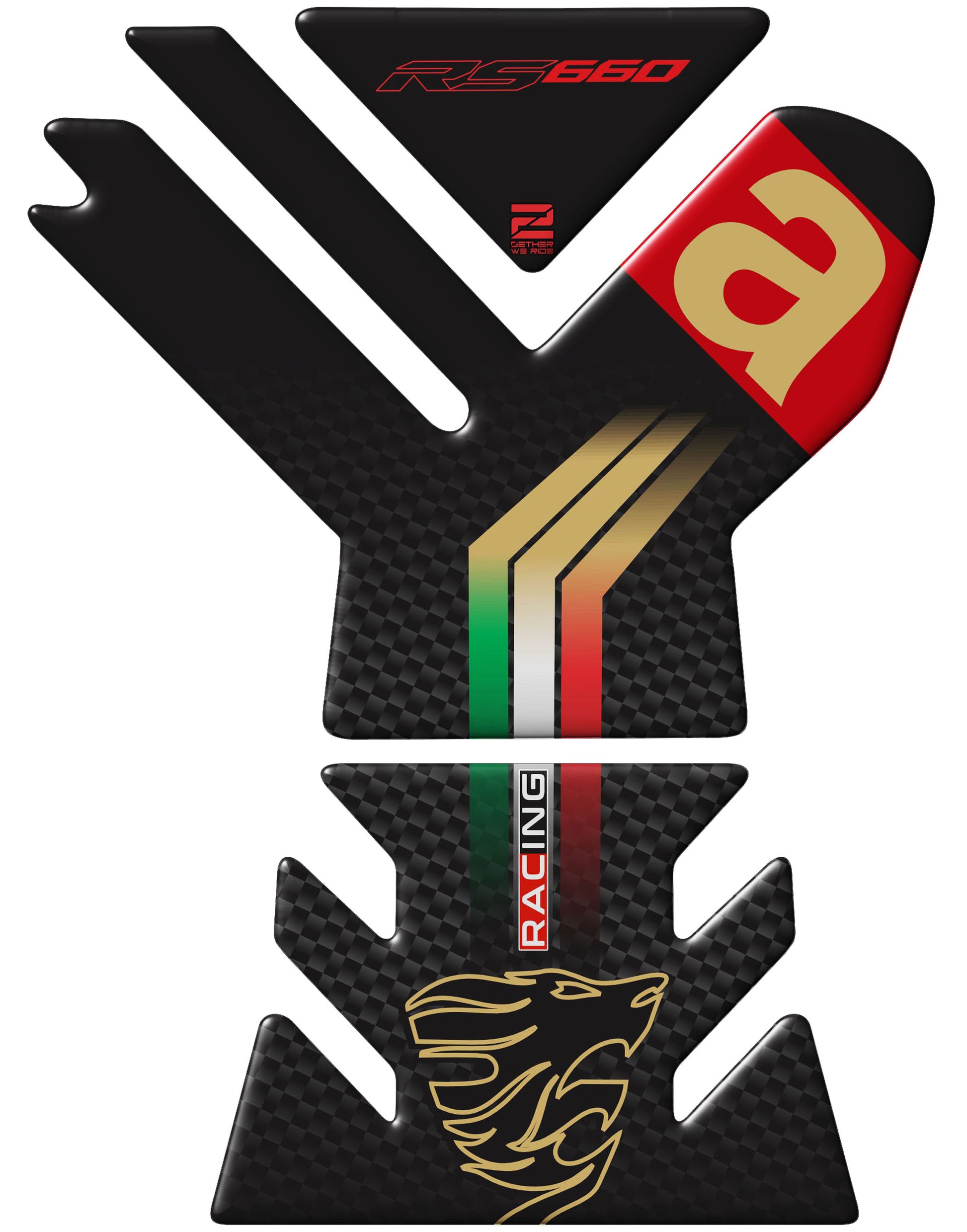 Aprilia  RS 660 Motor Bike Tank Pad . Gold and Black Carbon Fibre Universal Fit  Bike Tank Pad / Protector 2023 -2025