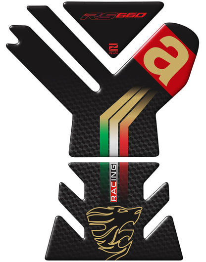 Aprilia  RS 660 Motor Bike Tank Pad . Gold and Black Carbon Fibre Universal Fit  Bike Tank Pad / Protector 2023 -2025