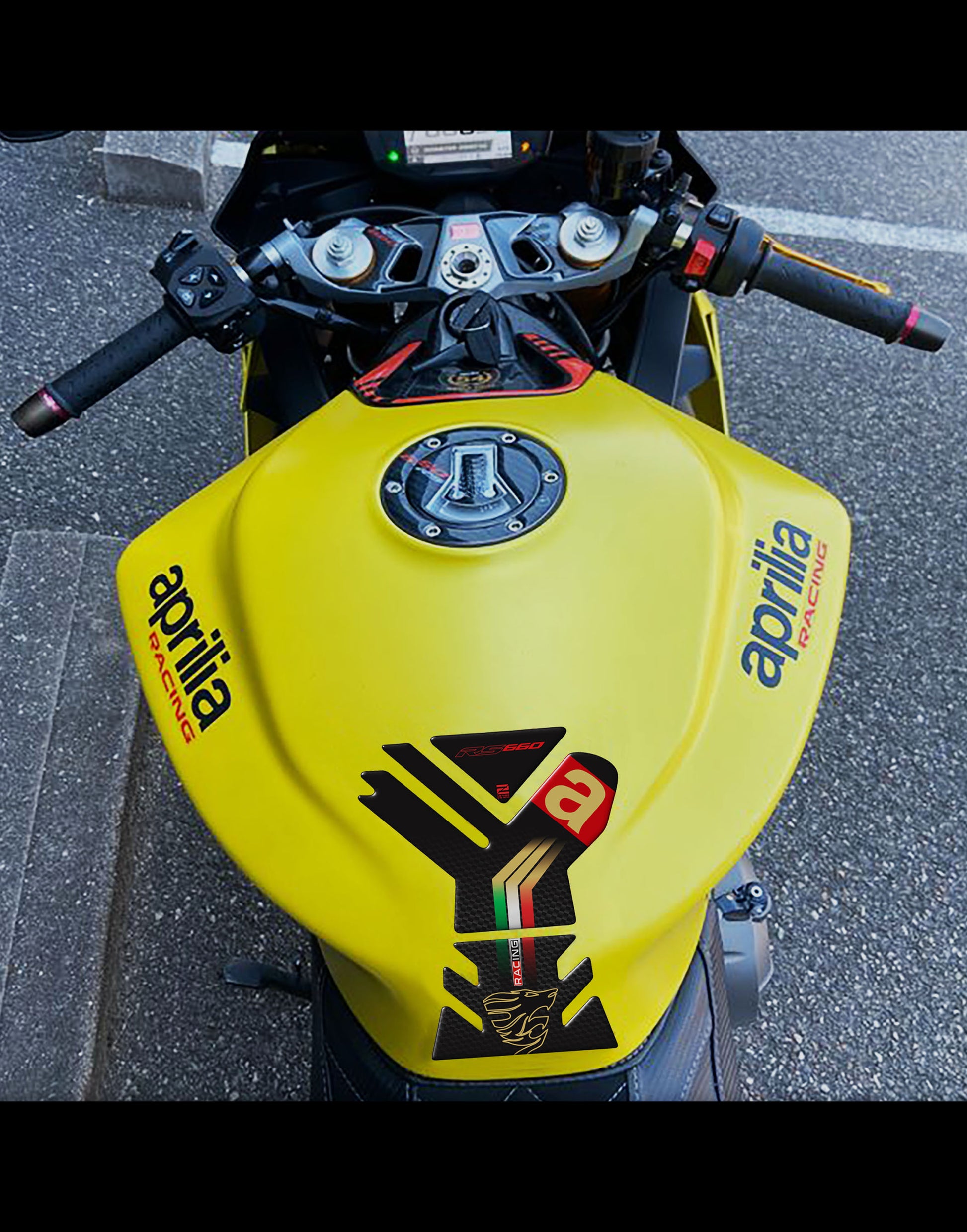 Aprilia  RS 660 Motor Bike Tank Pad . Gold and Black Carbon Fibre Universal Fit  Bike Tank Pad / Protector 2023 -2025