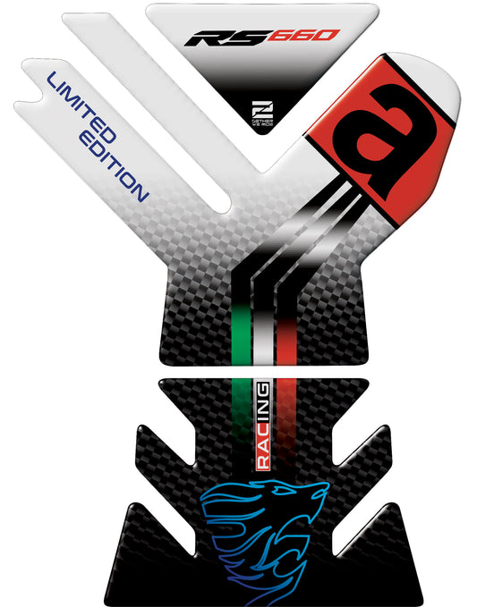 Aprilia  RS 660 Limited Edition Motor Bike Tank Pad . White, Blue and Black Carbon Fibre Universal Fit  Bike Tank Pad / Protector 2023 -2025