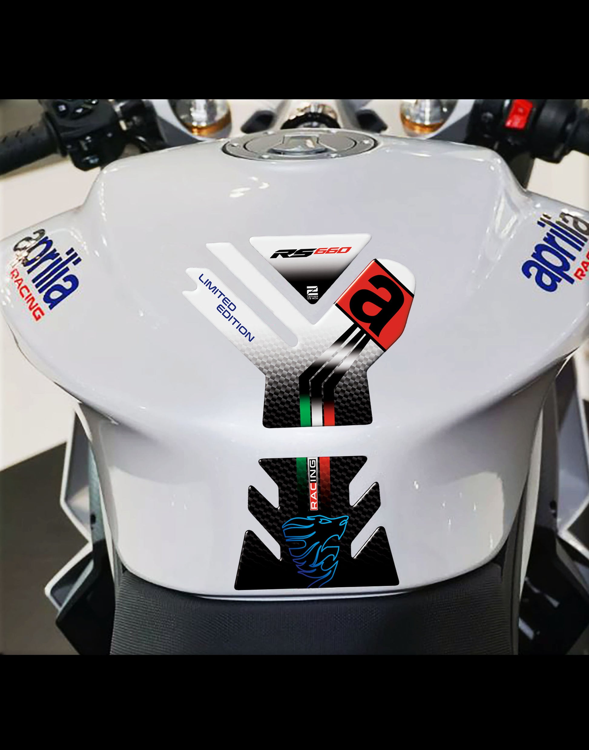 Aprilia  RS 660 Limited Edition Motor Bike Tank Pad . White, Blue and Black Carbon Fibre Universal Fit  Bike Tank Pad / Protector 2023 -2025
