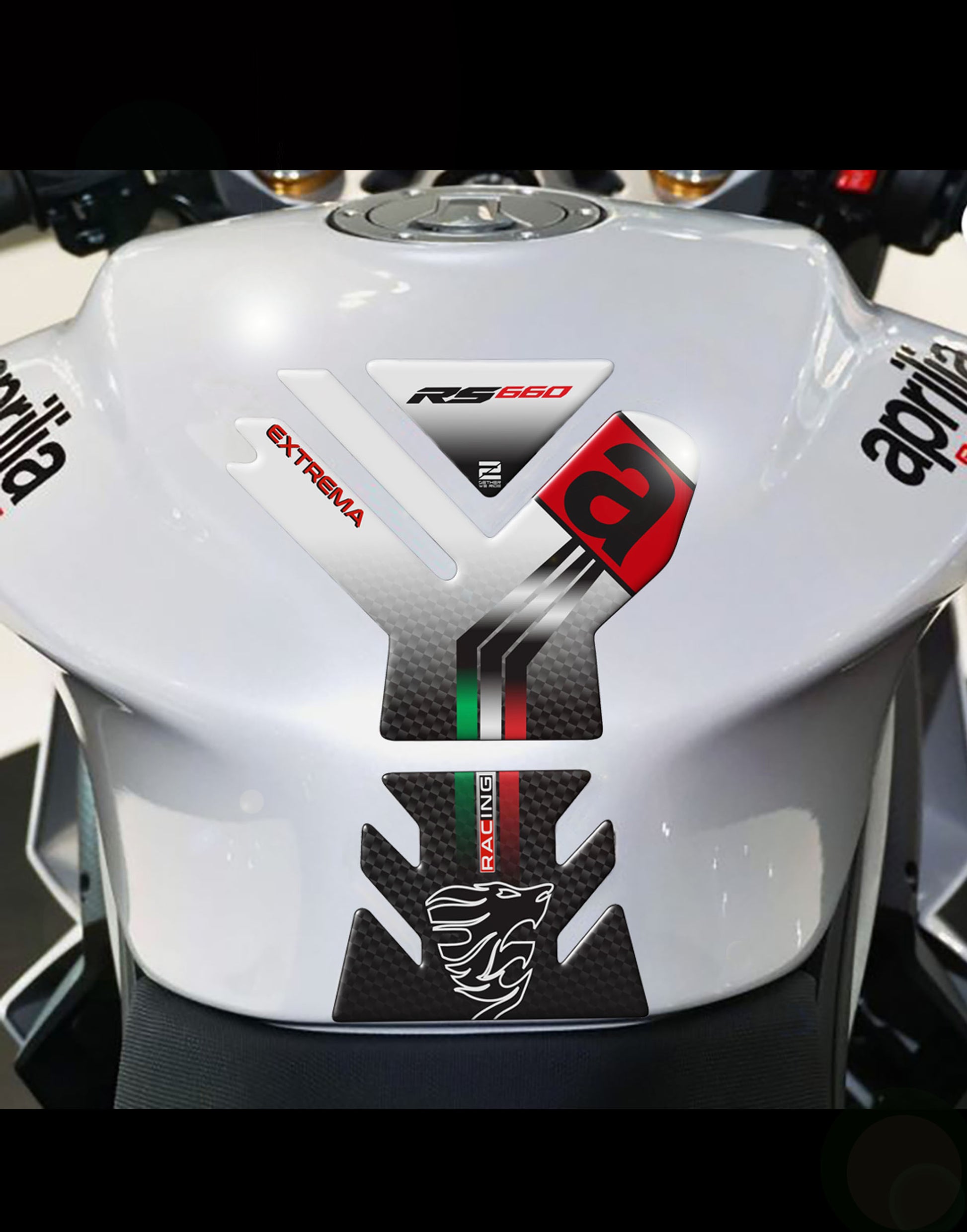 Aprilia  RS 660 Motor Bike Tank Pad . Extrema White and Black Carbon Fibre Universal Fit  Bike Tank Pad / Protector 2023 -2025