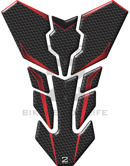 Universal Fit Black and Red Carbon Fibre Motor Bike Tank Pad Protector. A Street Pad which fits most motorcycles.