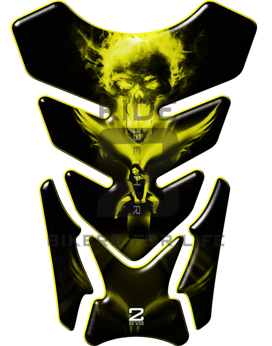 Universal Fit Yellow and Black Angelic She Rider with Skull Motor Bike Tank Pad Protector. A Street Pad which fits most motorcycles.