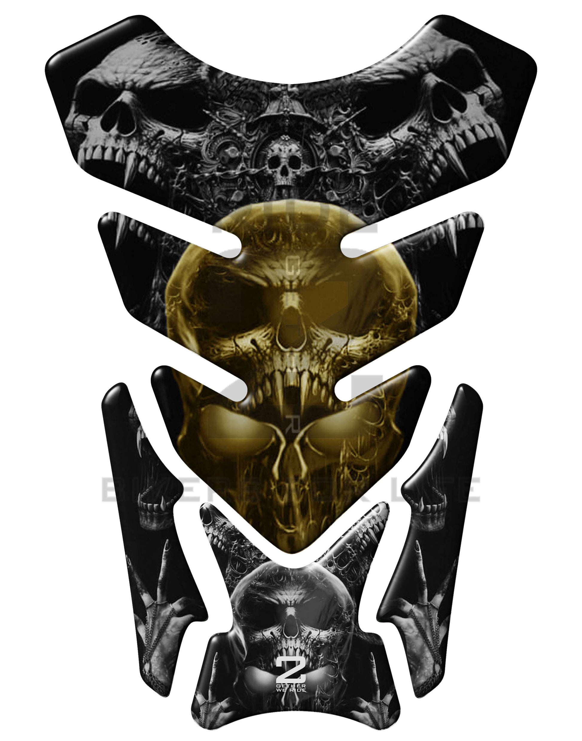 Universal Fit Black and Gold Bling Skull  Motor Bike Tank Pad Protector.  A Street Pad which fits most motorcycles.