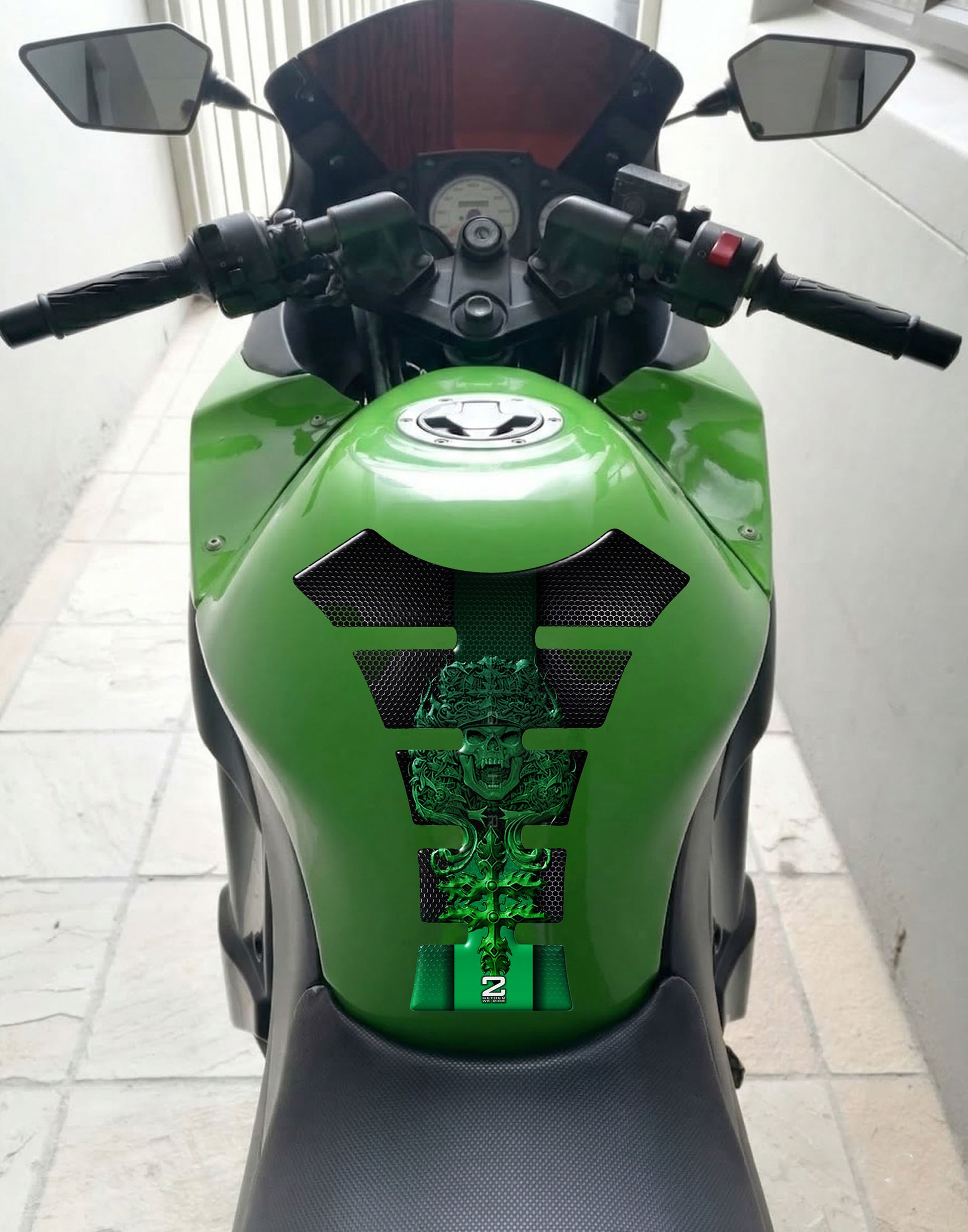 Green Mayan Skull Motor Bike Tank Pad Protector
