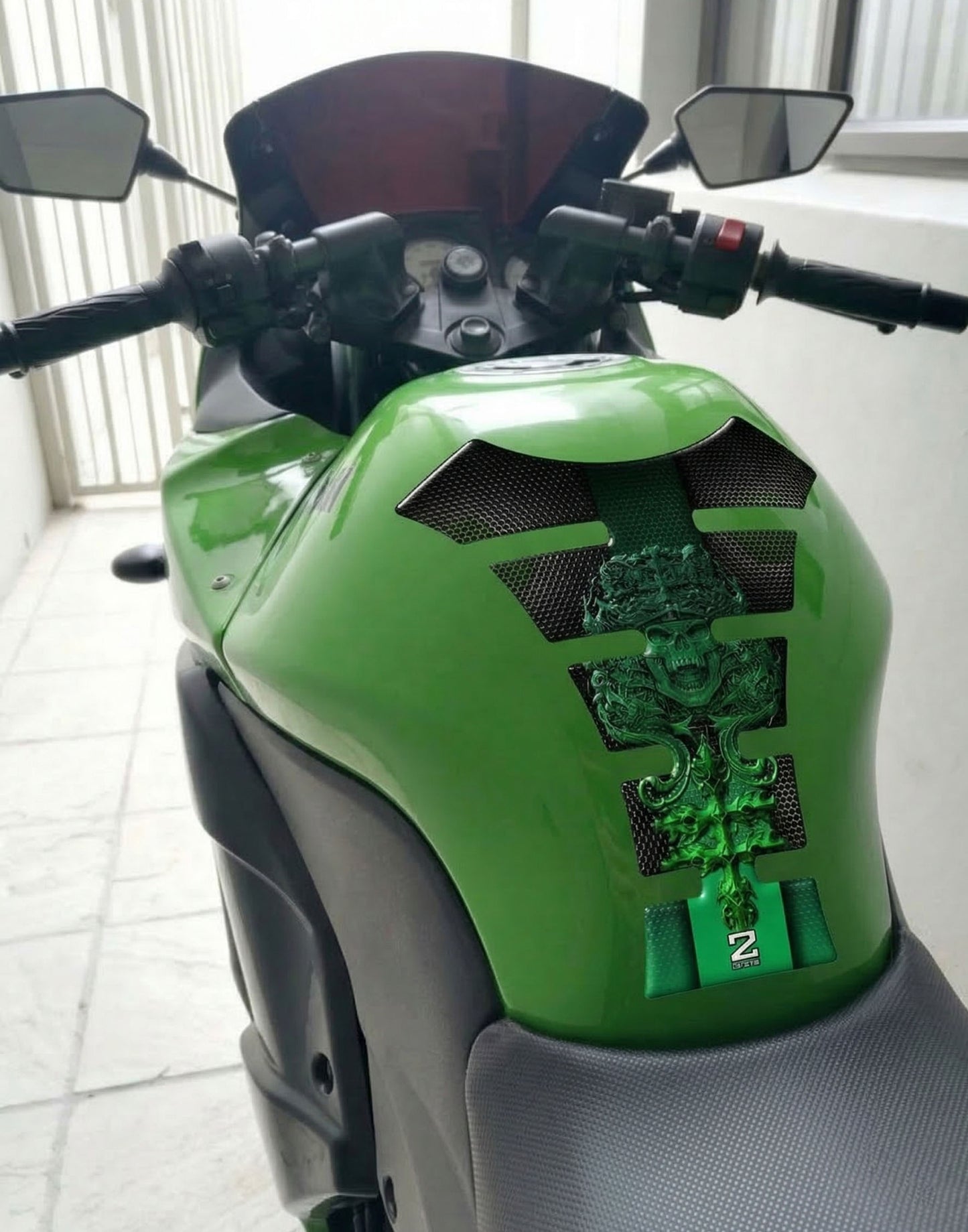 Green Mayan Skull Motor Bike Tank Pad Protector