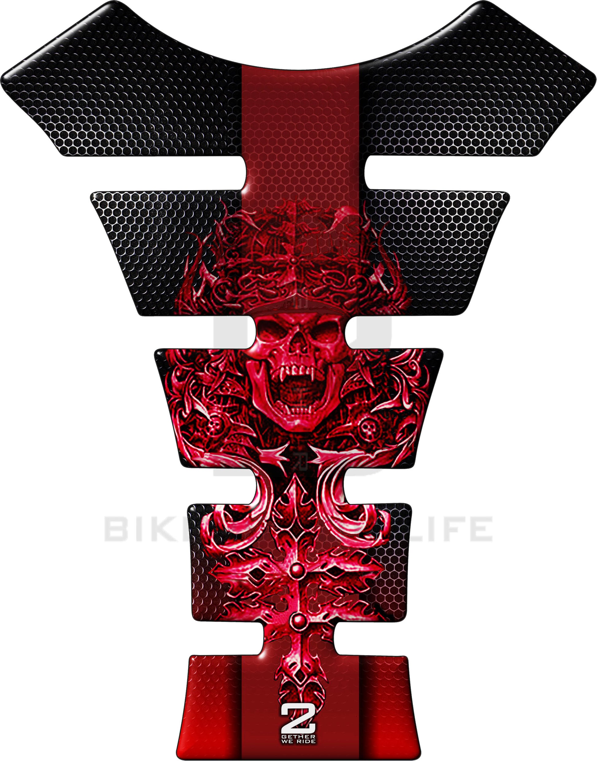 Universal Fit Red Mayan Skull  Motor Bike Tank Pad Protector. A Street Pad which fits most motorcycles.
