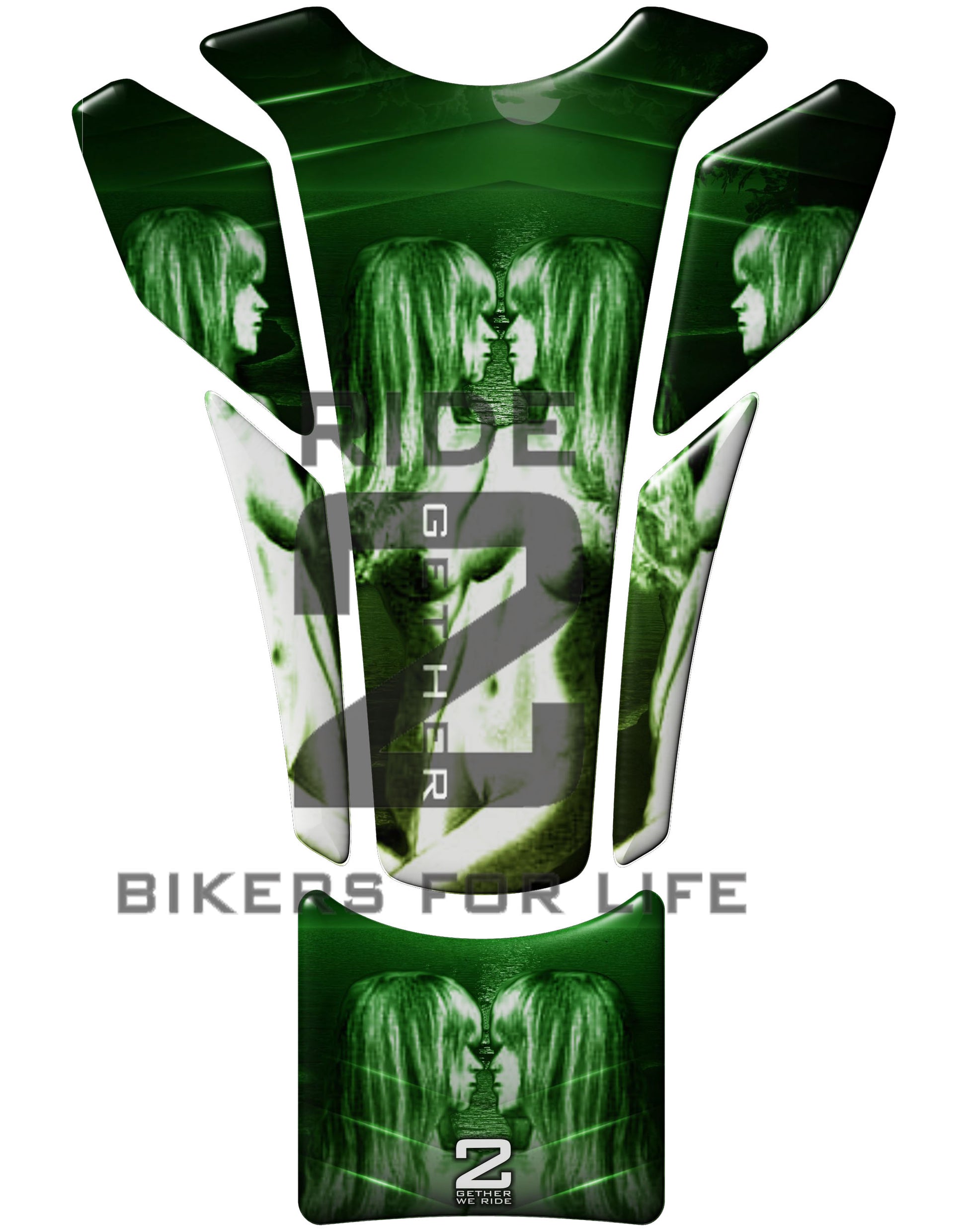 Universal Fit Green Kissing Twins Motor Bike Tank Pad protector. A Street Pad which fits most motorcycles.