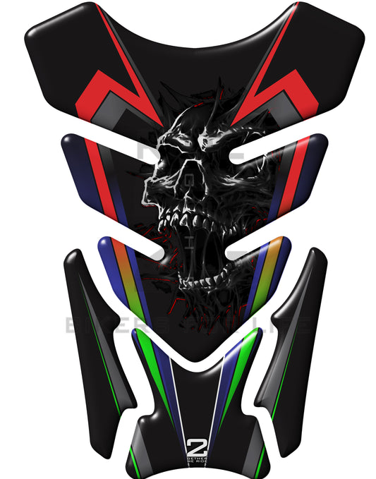 Universal Fit Red, Blue and Black Screaming Skull Motor Bike Tank Pad Protector. A Street Pad which fits most motorcycles.