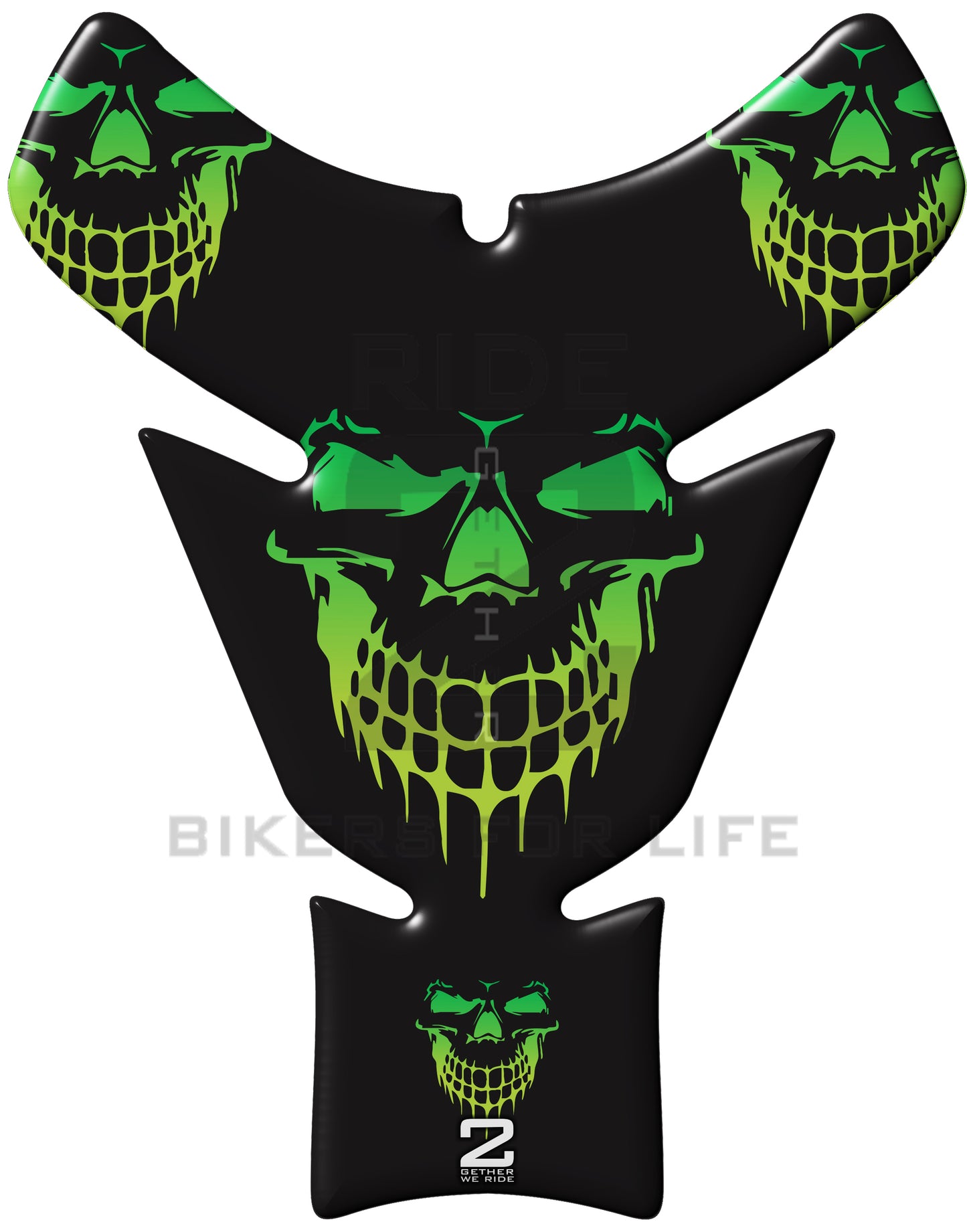 Universal Fit Black and Neon Green Smiling Reaper Motor Bike Tank Pad Protector. A Street Pad which fits most motorcycles.