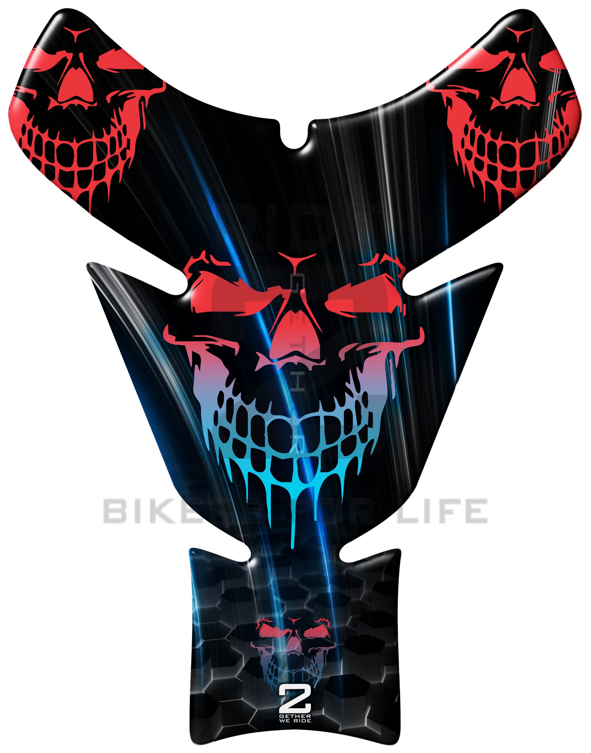 Universal Fit Black, Red and Blue Smiling Reaper Motor Bike Tank Pad Protector. A Street Pad which fits most motorcycles.