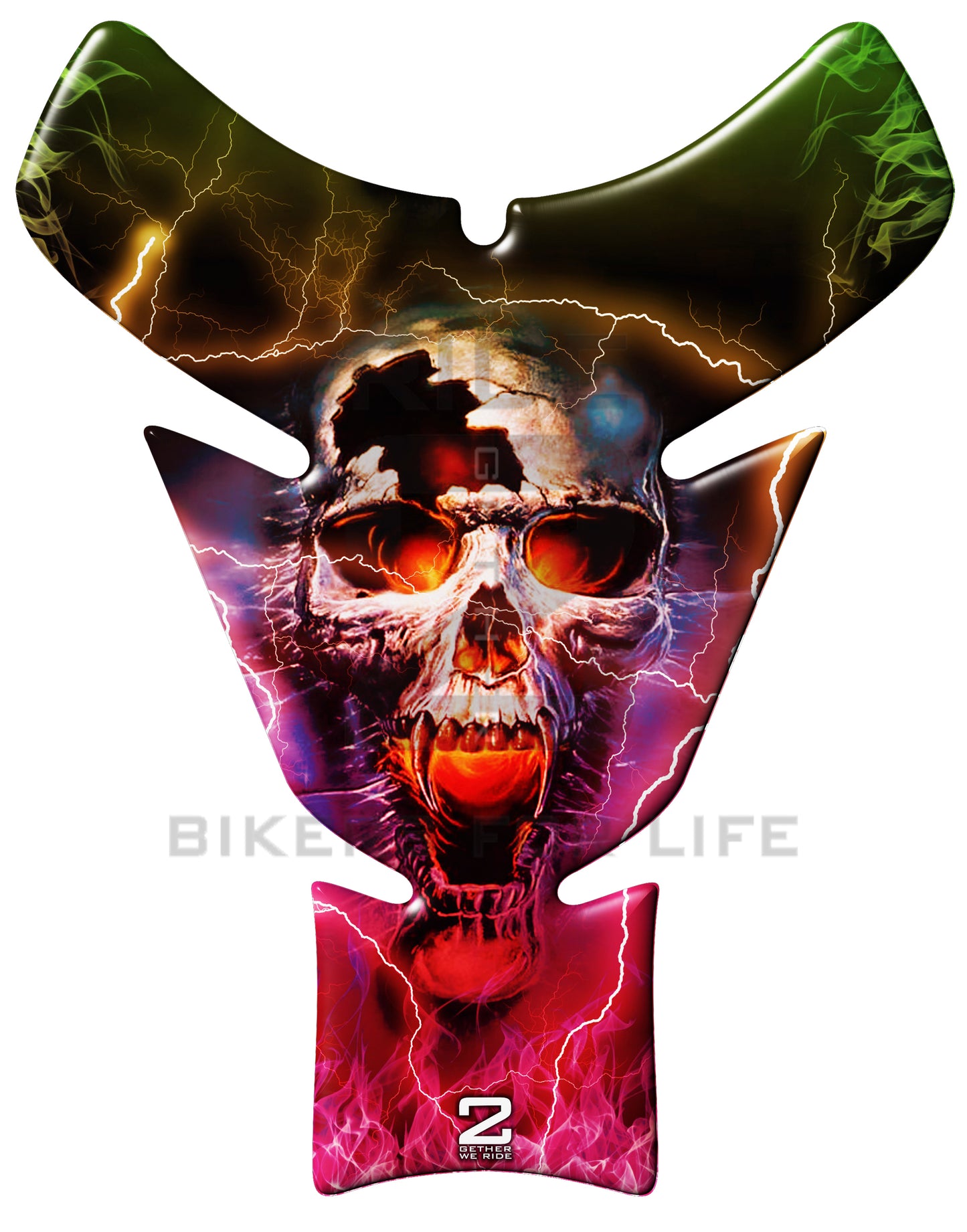 Universal Fit Multi Colour Thunder Flaming Skull Motor Bike Tank Pad Protector. A Street Pad which fits most motorcycles.