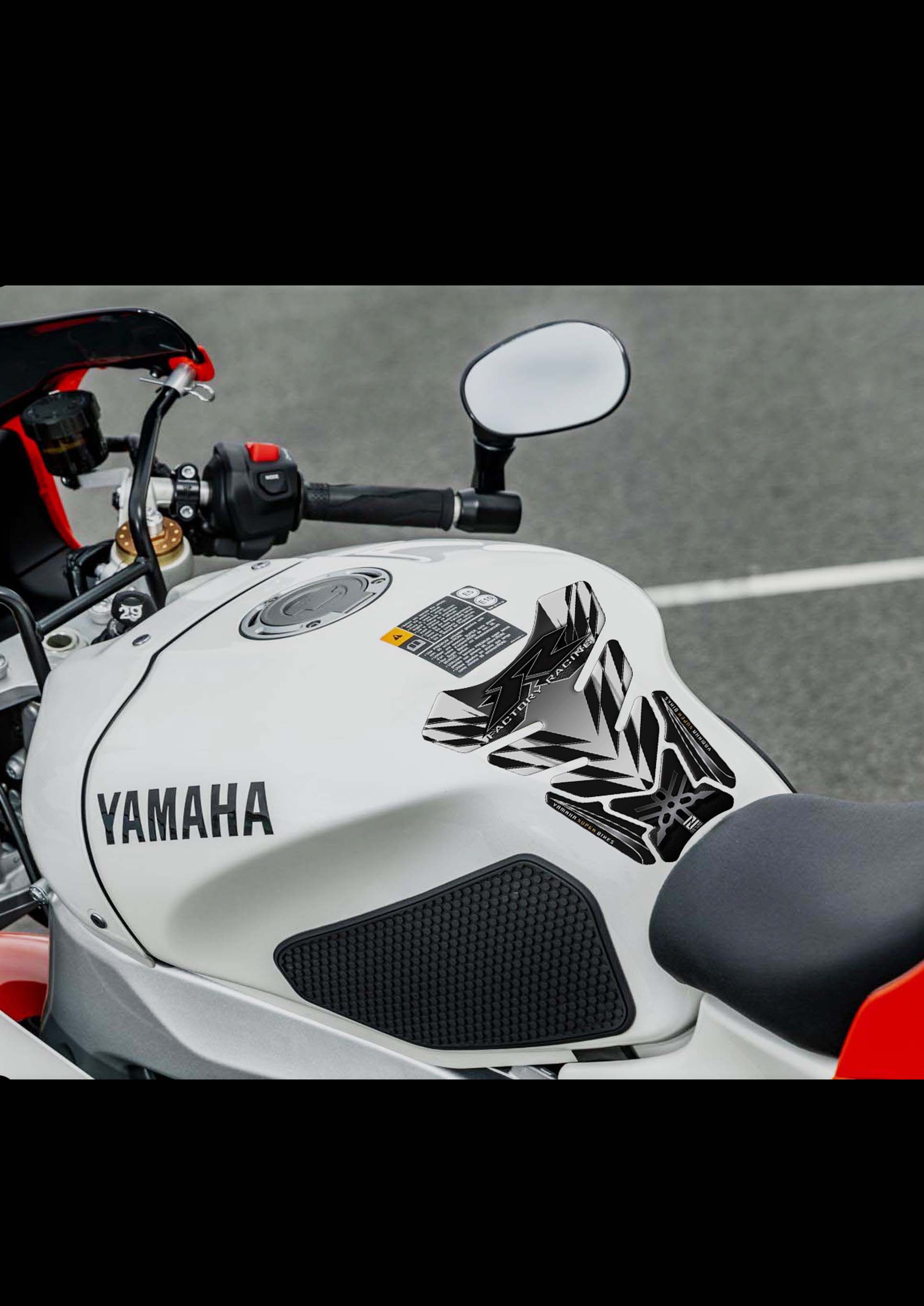 Yamaha Motor Bike Tank Pad. White and Black Factory Racing R Series Motor Bike Tank Pad Protector.