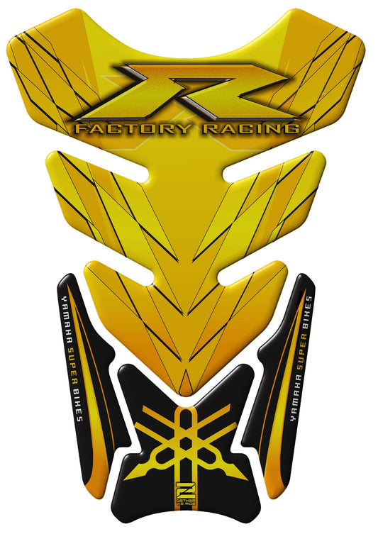 Yellow and black motorcycle tank pad with 'Yamaha Super Bikes' and 'Factory Racing' logos on a white background.