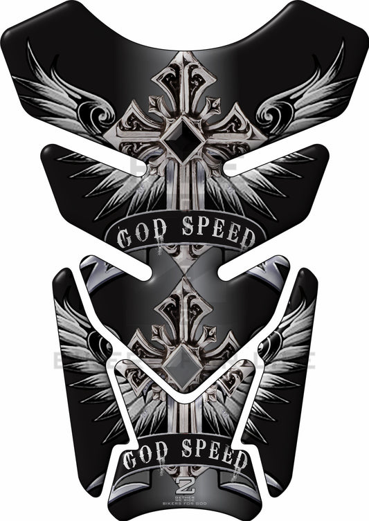 Motor Bike Tank Pad. Angelic Cross. God Speed, Black