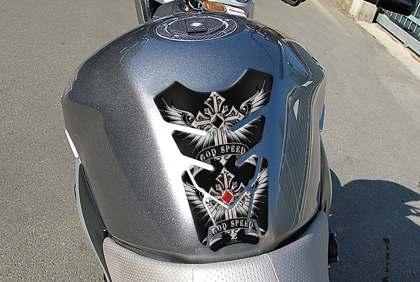 Motor Bike Tank Pad. Angelic Cross. God Speed,&nbsp;Blue.