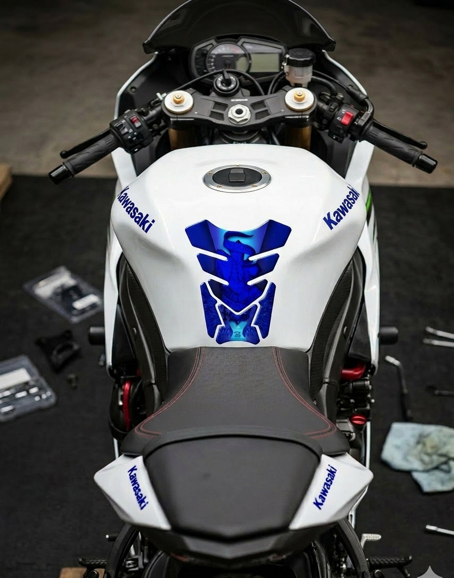 Motor Bike Tank Pad. Religious Range. In Gods Hand Black and Silver. Universal Fit. Christian tank pad.