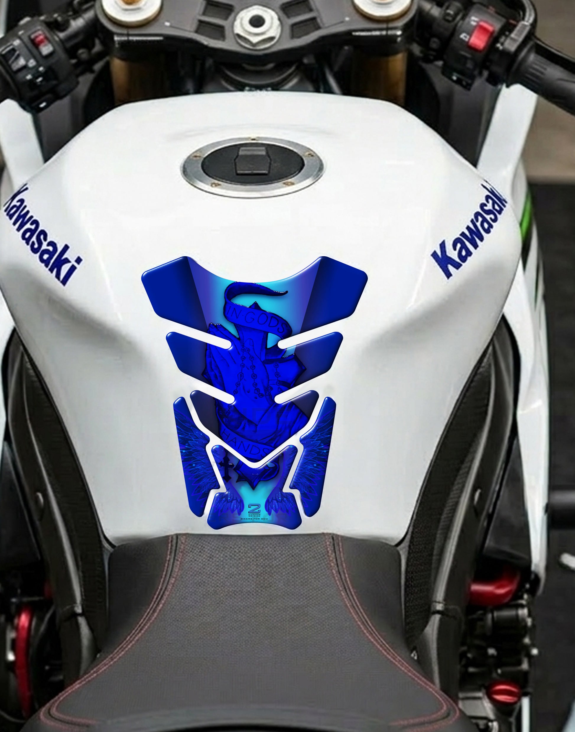 Motor Bike Tank Pad. Religious Range. In Gods Hand Black and Silver. Universal Fit. Christian tank pad.