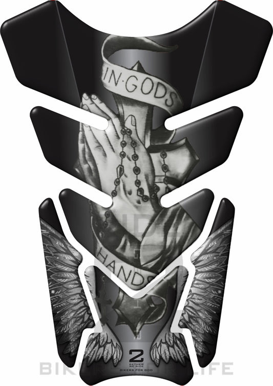 Motor Bike Tank Pad. Religious Range. In Gods Hand Black and Silver. Universal Fit. Christian tank pad.