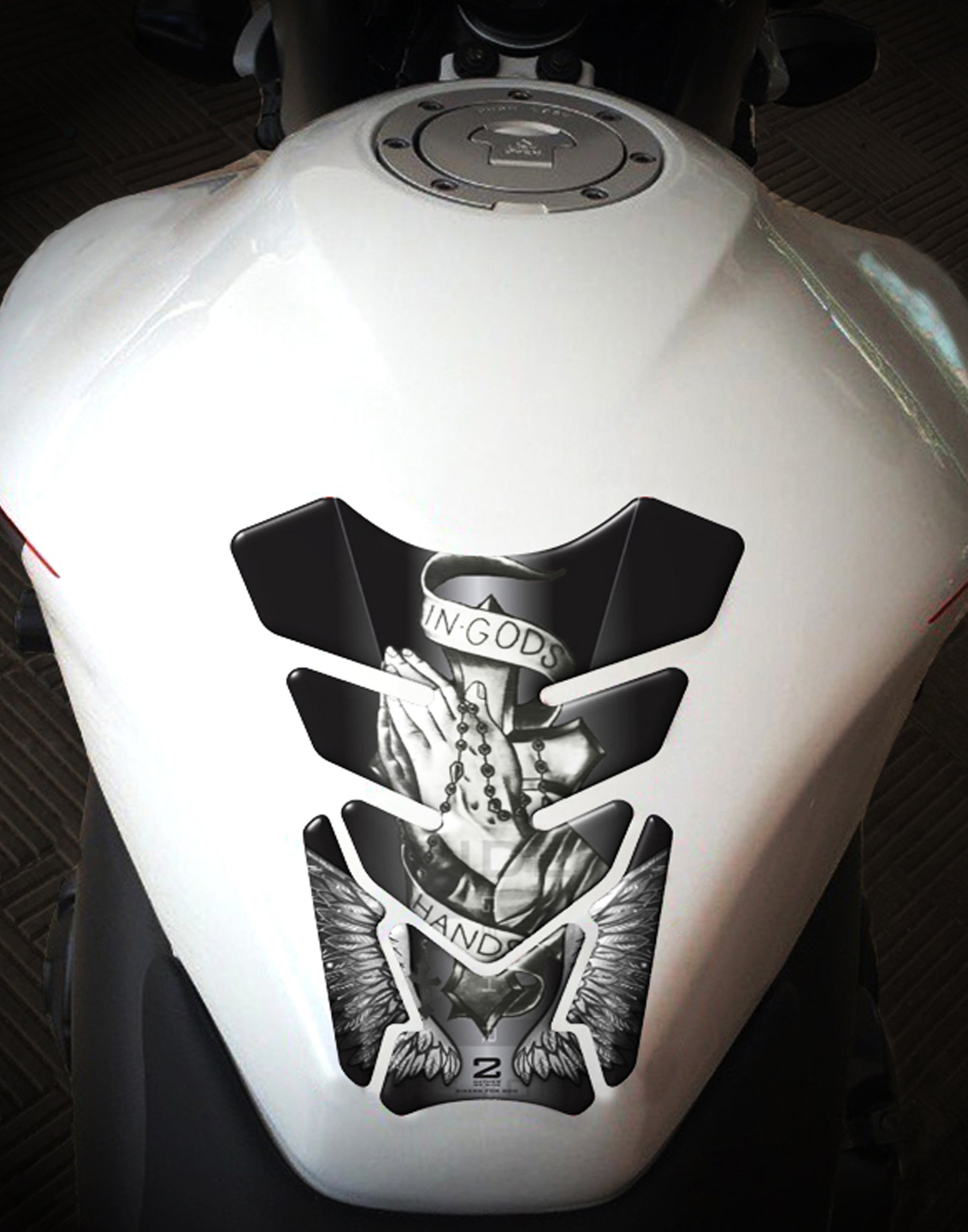 Motor Bike Tank Pad. Religious Range. In Gods Hand Black and Silver. Universal Fit. Christian tank pad.