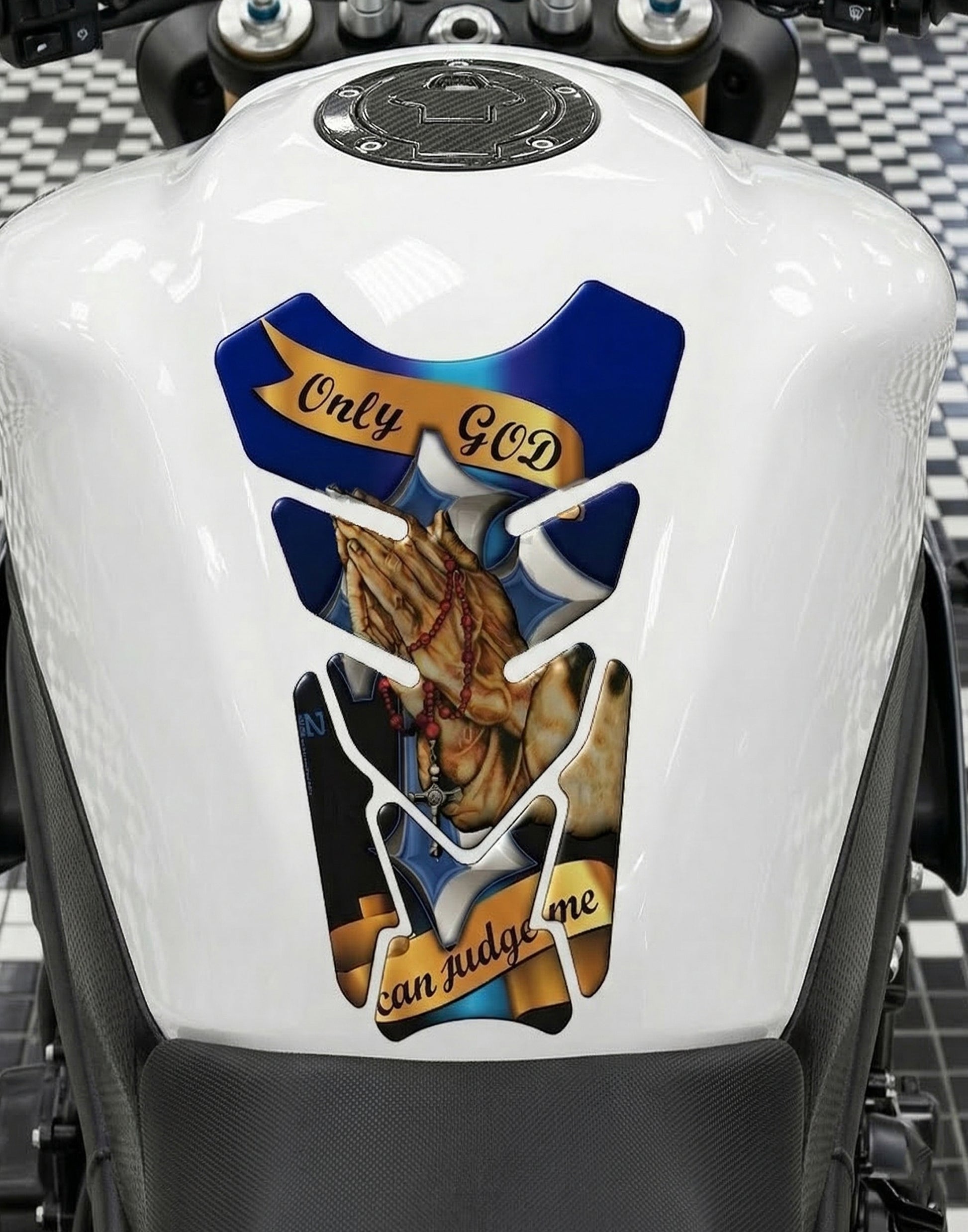 Motor Bike Tank Pad. Religious Range.Only God can Judge - Blue Universal Fit. Christian tank pad.