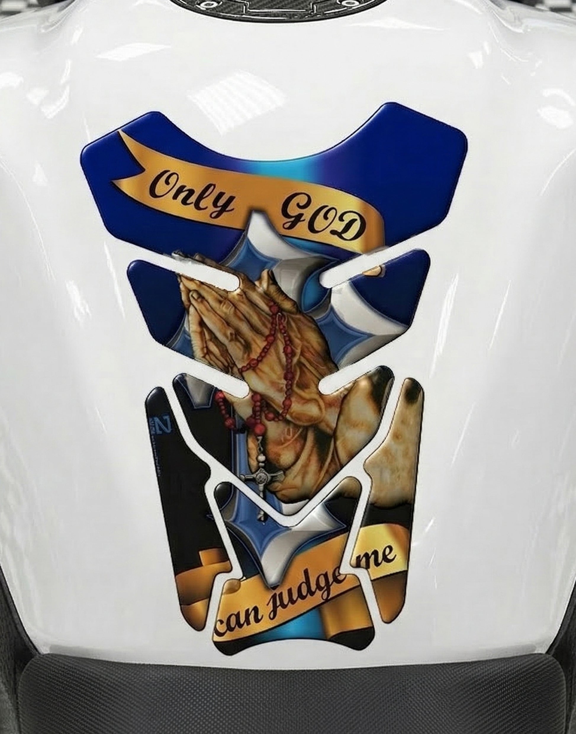 Motor Bike Tank Pad. Religious Range.Only God can Judge - Blue Universal Fit. Christian tank pad.