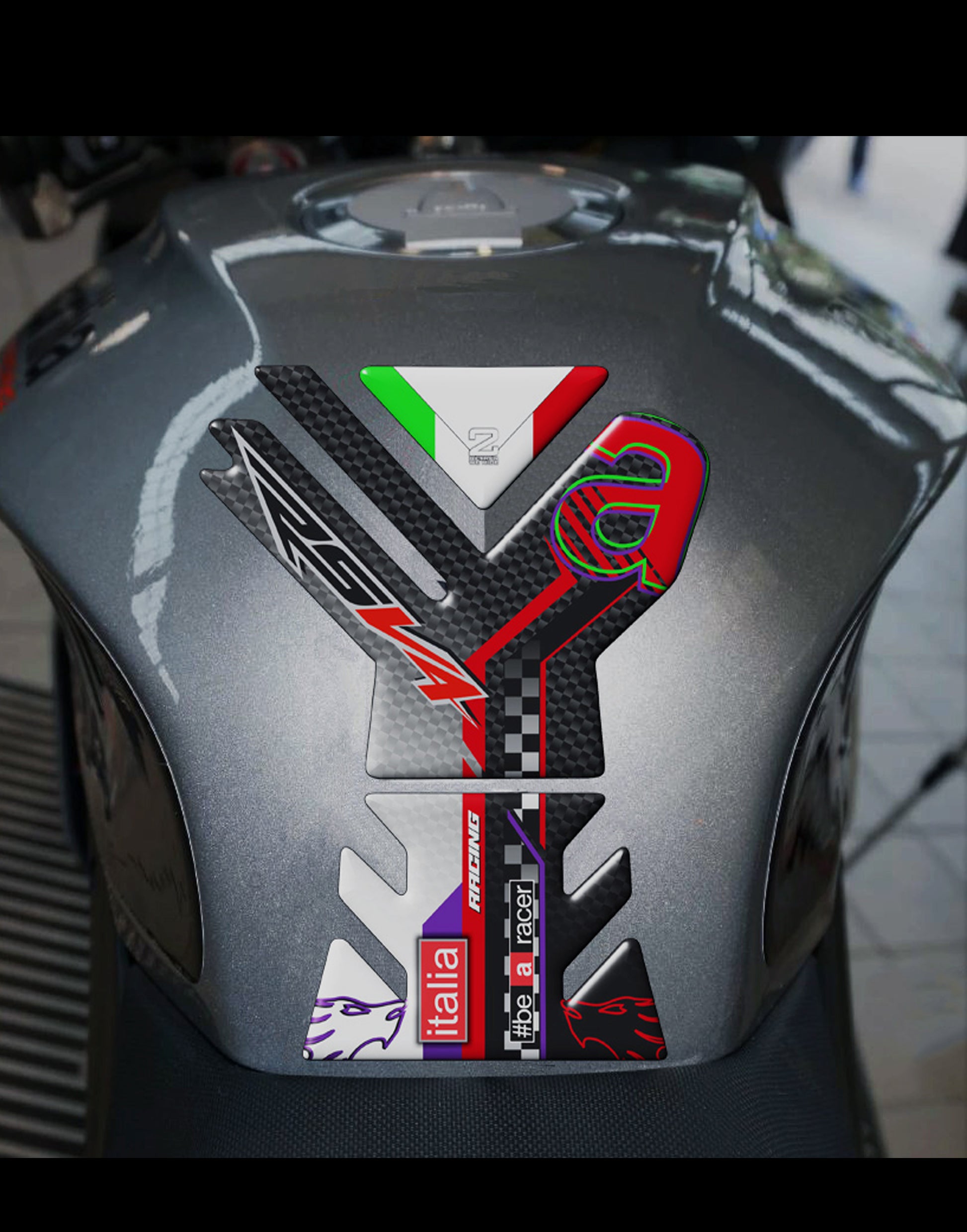 Aprilia RSV4 Purple and Black Carbon Fibre Motor Bike Tank Pad 2021 -2023.