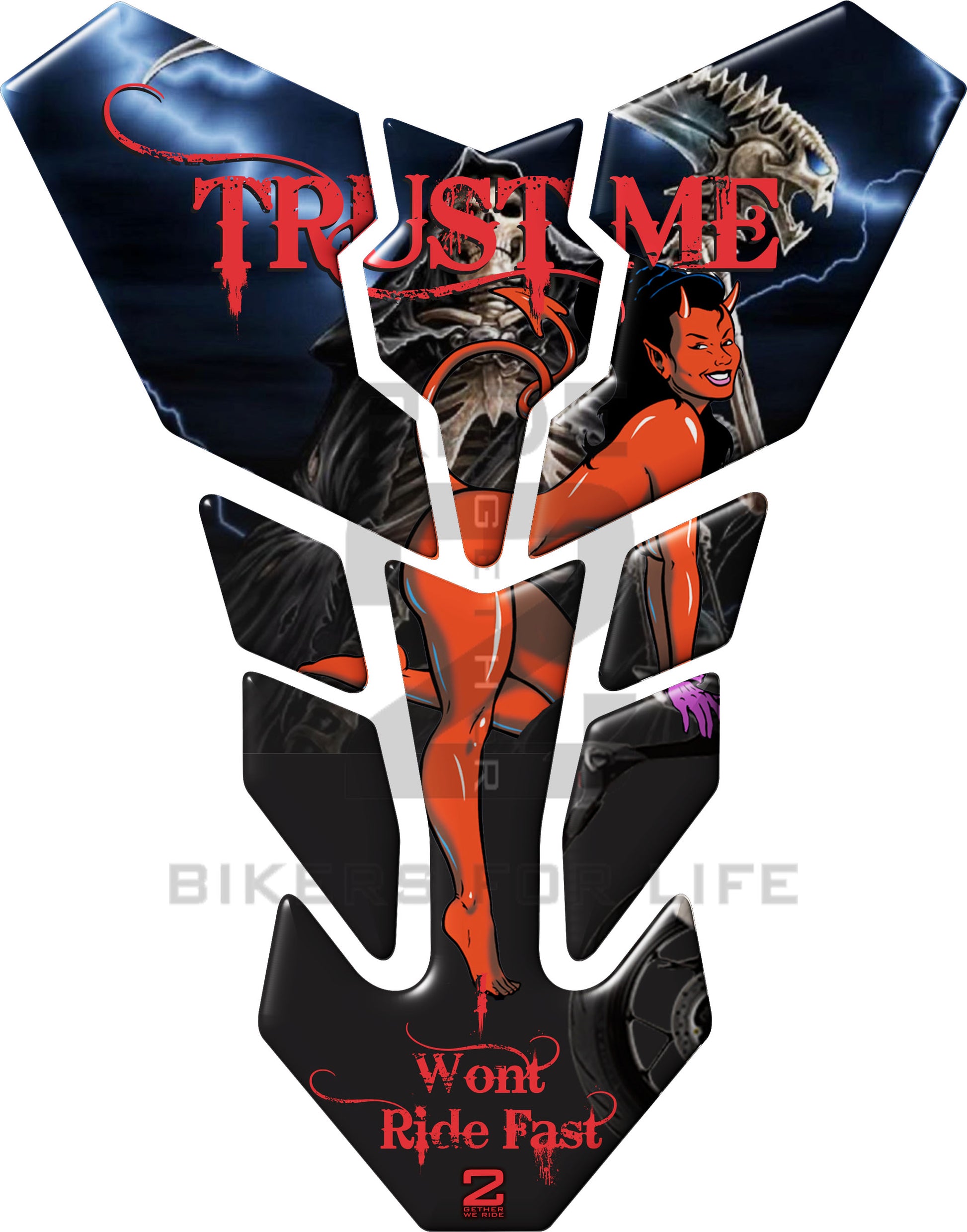 Universal Fit Reaper with She Devil " Trust Me  "Motor Bike Tank Pad Protector. A Street Pad which fits most motorcycles.