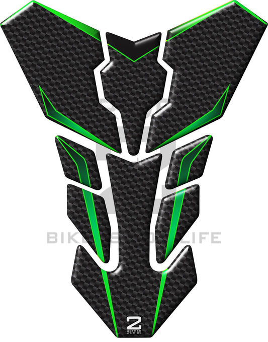 Universal Fit Green and  Carbon Fibre Transformer Tank Pad Protector. A Street Pad which fits most motorcycles.