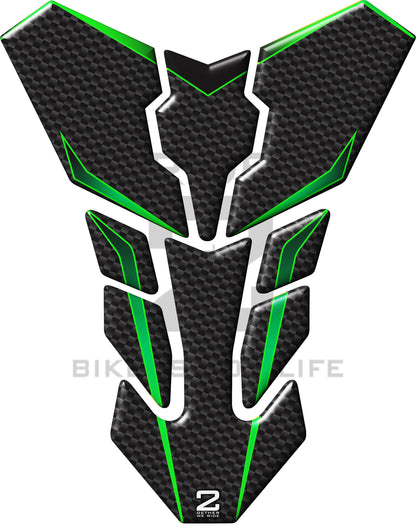 Universal Fit Green and  Carbon Fibre Transformer Tank Pad Protector. A Street Pad which fits most motorcycles.