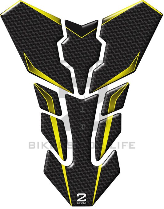 Universal Fit Yellow and Carbon Fibre Transformer Tank Pad Protector. A Street Pad which fits most motorcycles