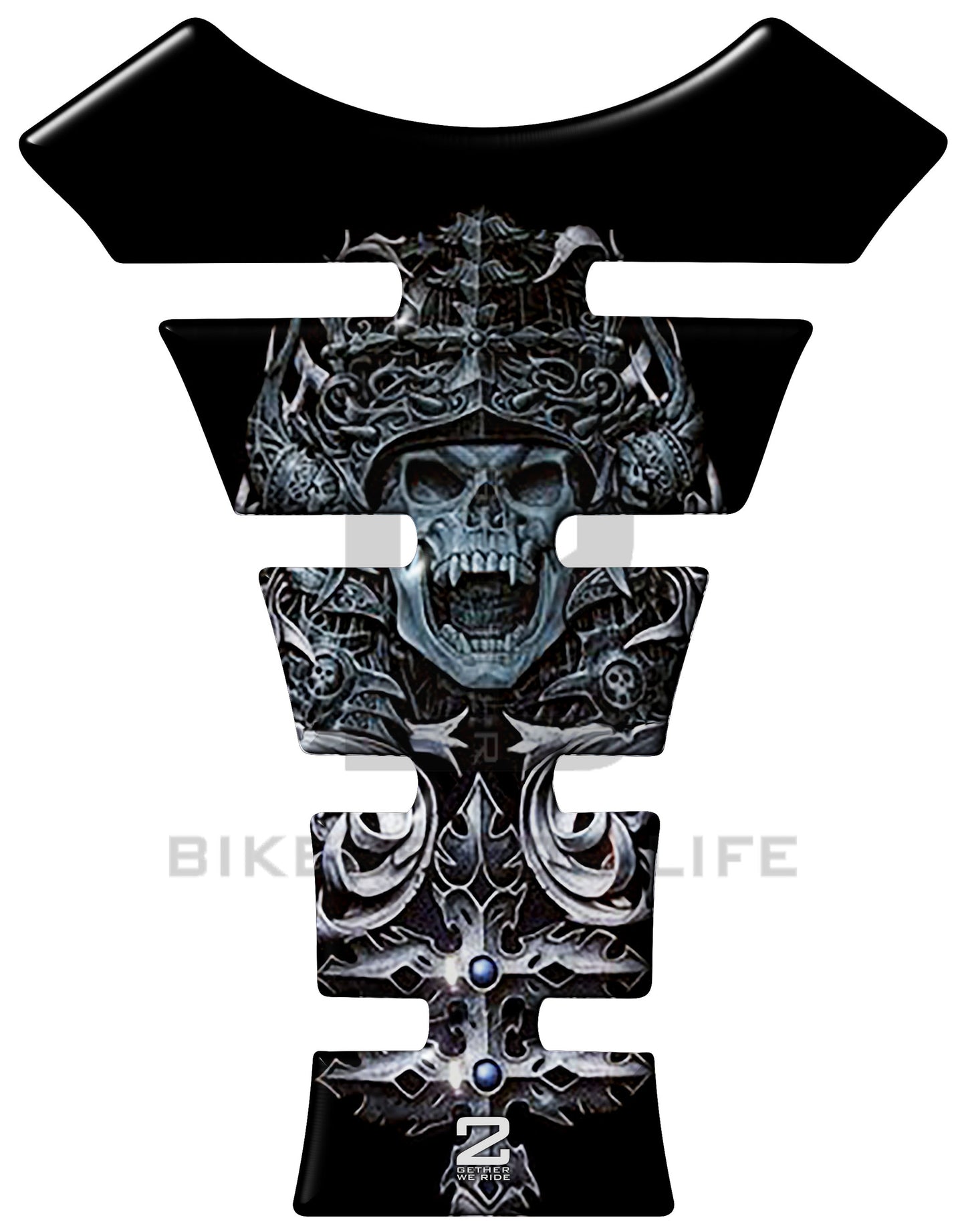 Universal Fit Black Mayan Skull Tank Pad. A Street Pad which fits most motorcycles.