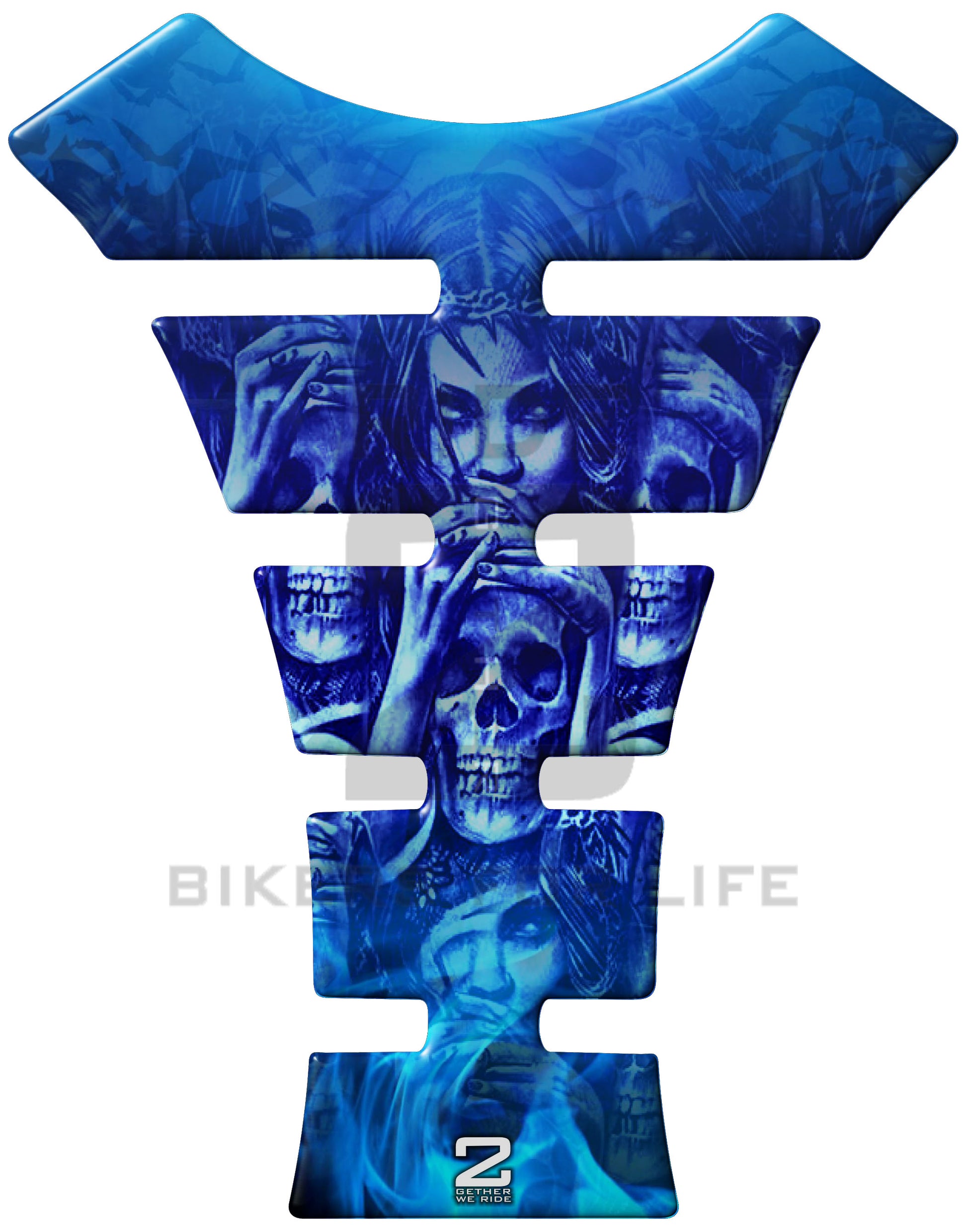 Universal Fit Blue Crucifix Skull Tank Pad Protector. A Street Pad which fits most motorcycles.