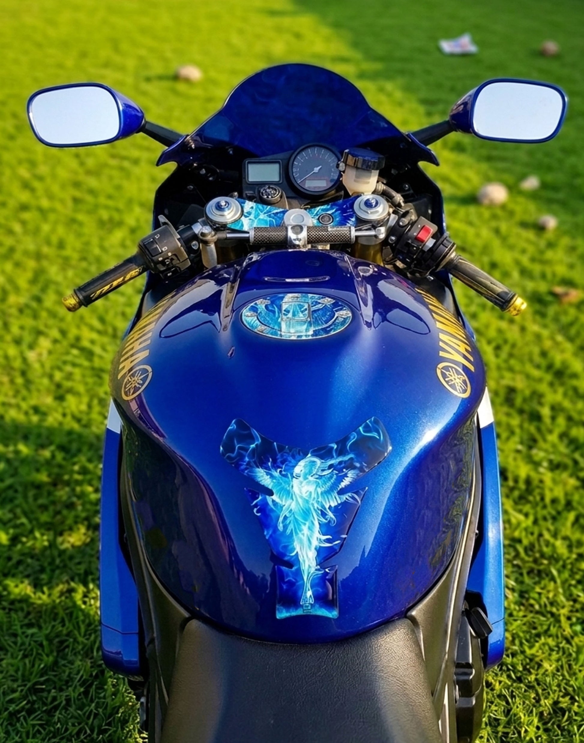 Blue and Black Angelic Flaming Tank Pad Protector.
