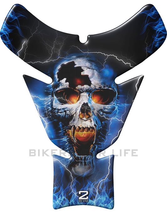Universal Fit Blue Thunder Flaming Skull Motor Bike Tank Pad Protector. A Street Pad which fits most motorcycles.
