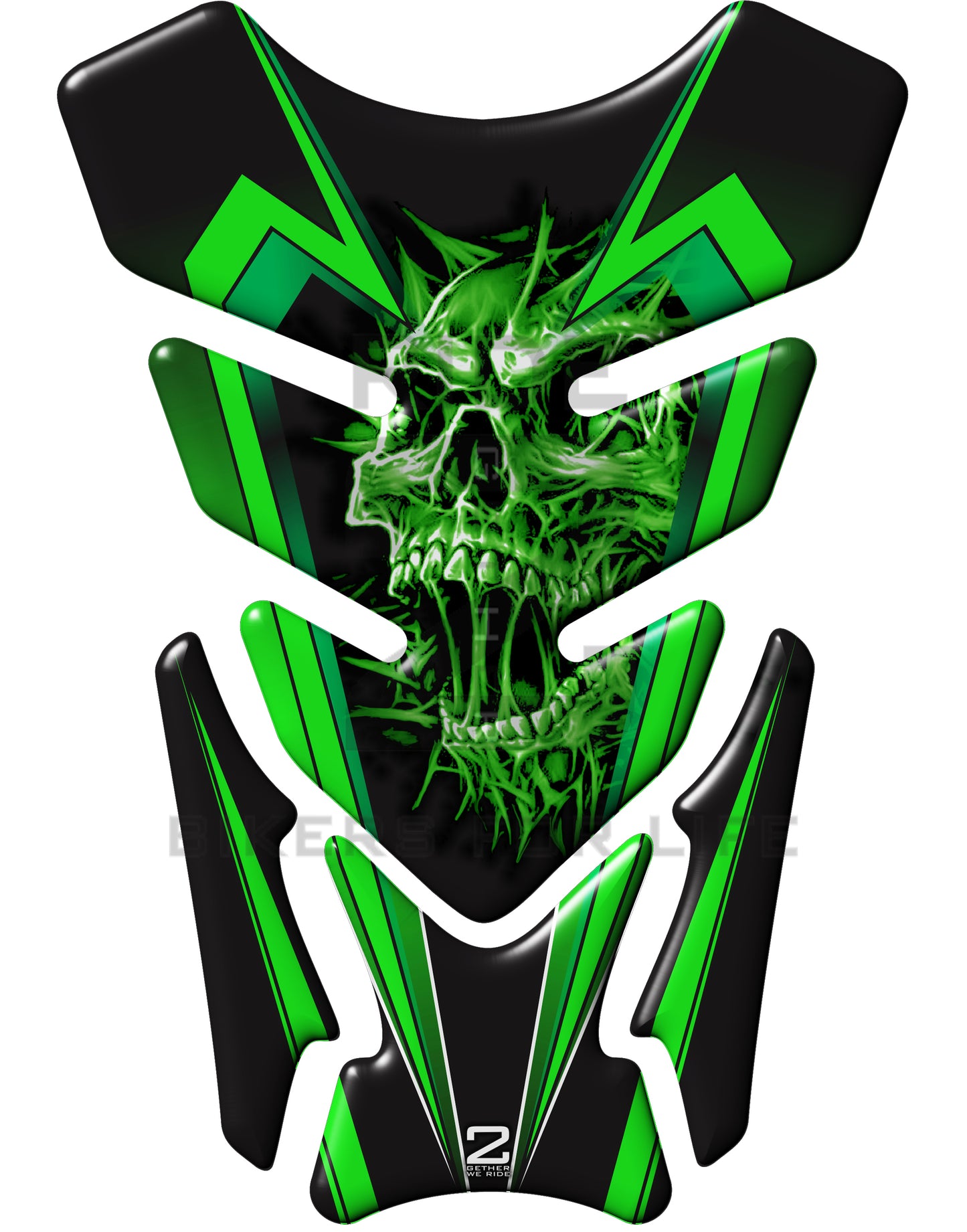 Universal Fit Green Screaming Skull Motor Bike Tank Pad Protector. A Street Pad which fits most motorcycles.